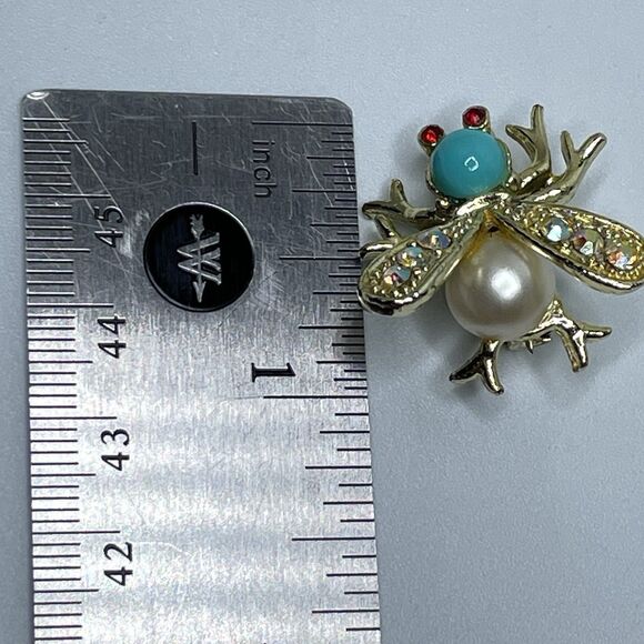 Vintage Bumblebee Mini Brooch Pin Aqua Cabochon Rhinestone 1" Estate Gold Tone - Picture 6 of 6